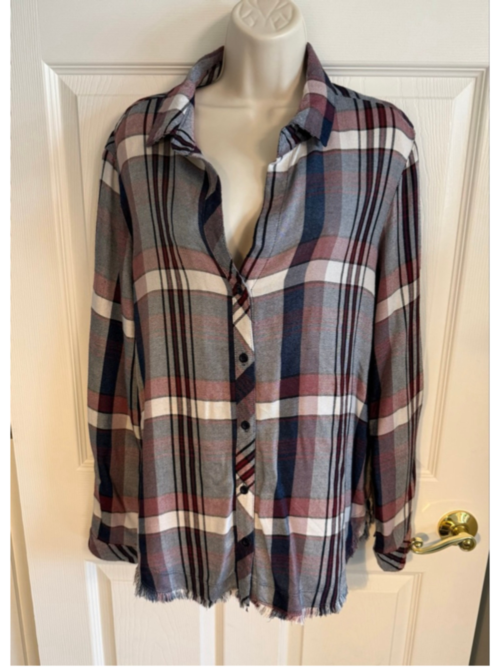 Bella Dahl Burgundy/Navy/Ivory Plaid Rayon Flannel Tunic Size Medium